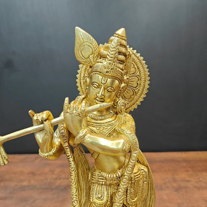 Brassaura® Brass Lord Krishna Playing Flute Statue | Traditional Standing Krishna Murti | Elegant Brass Sculpture for Home Temple, Décor & Spiritual Spaces | 11.5 Inches | 2.7 Kg