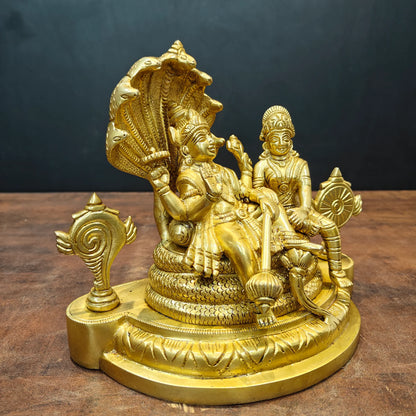 Brassaura® Brass Lakshmi Narayan Statue | Lord Vishnu & Goddess Lakshmi on Sheshnag | Divine Brass Idol for Home Temple & Décor | 8 Inches | 4.8 Kg