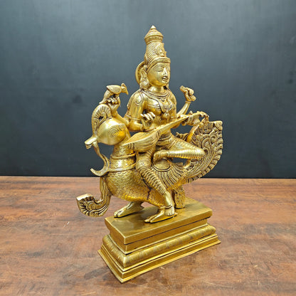 Brassaura® Brass Goddess Saraswati Statue on Swan | Maa Saraswati Idol for Home Temple, Study Room & Spiritual Décor | Handcrafted Brass Murti | 19 Inches | 15 Kg