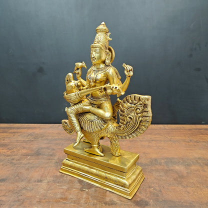 Brassaura® Brass Goddess Saraswati Statue on Swan | Maa Saraswati Idol for Home Temple, Study Room & Spiritual Décor | Handcrafted Brass Murti | 19 Inches | 15 Kg