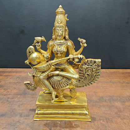 Brassaura® Brass Goddess Saraswati Statue on Swan | Maa Saraswati Idol for Home Temple, Study Room & Spiritual Décor | Handcrafted Brass Murti | 19 Inches | 15 Kg
