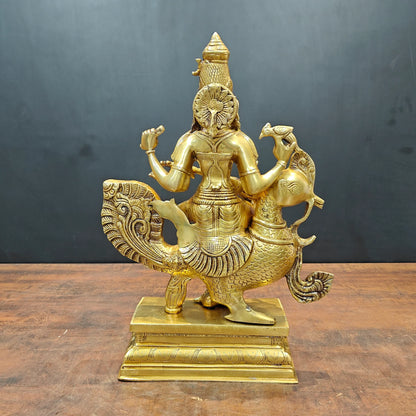 Brassaura® Brass Goddess Saraswati Statue on Swan | Maa Saraswati Idol for Home Temple, Study Room & Spiritual Décor | Handcrafted Brass Murti | 19 Inches | 15 Kg