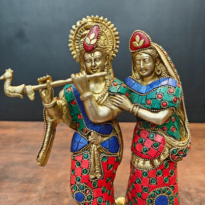 Brassaura® Handcrafted Brass Radha Krishna Statue with Meenakari Work | Lord Krishna Playing Flute with Radha | Decorative Brass Idol for Home Temple & Spiritual Décor | 10 Inches | 4.2 Kg