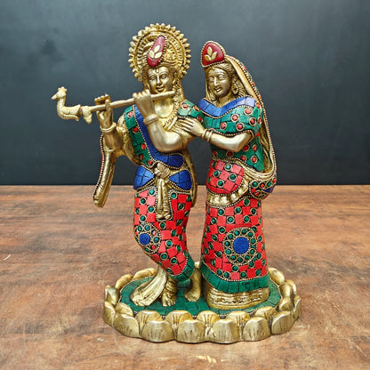 Brassaura® Handcrafted Brass Radha Krishna Statue with Meenakari Work | Lord Krishna Playing Flute with Radha | Decorative Brass Idol for Home Temple & Spiritual Décor | 10 Inches | 4.2 Kg