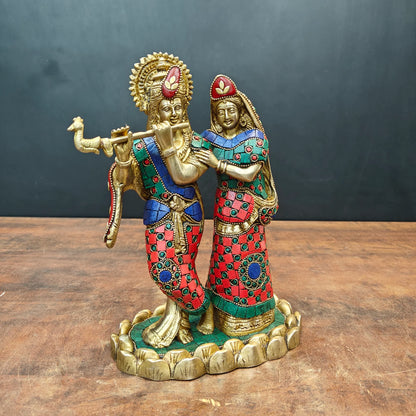 Brassaura® Handcrafted Brass Radha Krishna Statue with Meenakari Work | Lord Krishna Playing Flute with Radha | Decorative Brass Idol for Home Temple & Spiritual Décor | 10 Inches | 4.2 Kg