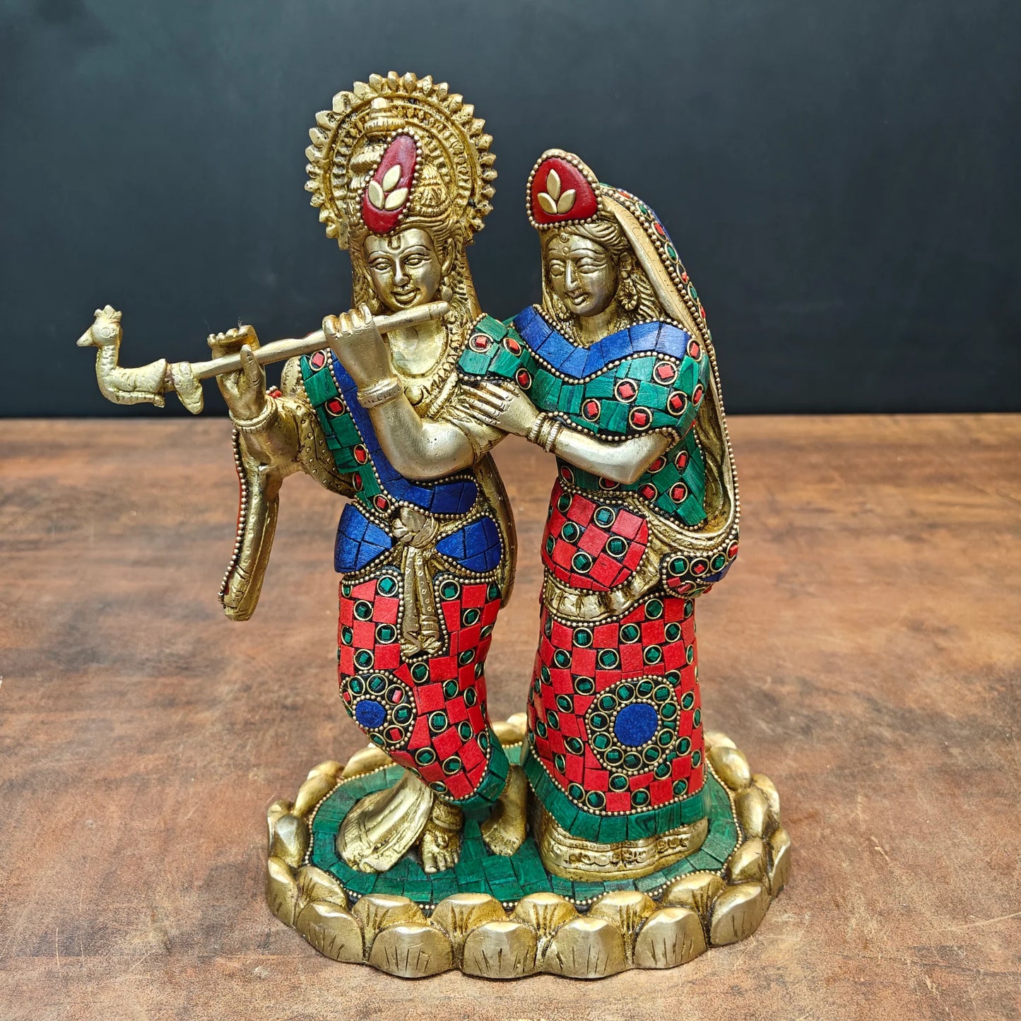 Brassaura® Handcrafted Brass Radha Krishna Statue with Meenakari Work | Lord Krishna Playing Flute with Radha | Decorative Brass Idol for Home Temple & Spiritual Décor | 10 Inches | 4.2 Kg