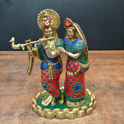 Brassaura® Handcrafted Brass Radha Krishna Statue with Meenakari Work | Lord Krishna Playing Flute with Radha | Decorative Brass Idol for Home Temple & Spiritual Décor | 10 Inches | 4.2 Kg
