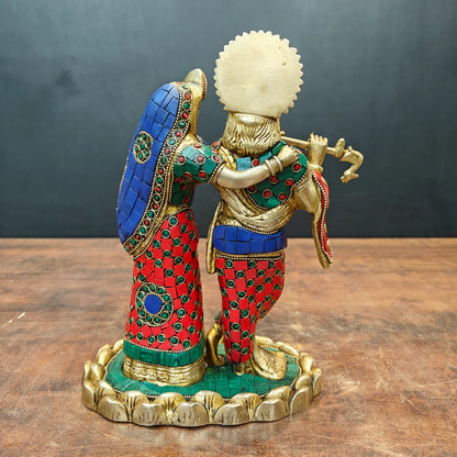 Brassaura® Handcrafted Brass Radha Krishna Statue with Meenakari Work | Lord Krishna Playing Flute with Radha | Decorative Brass Idol for Home Temple & Spiritual Décor | 10 Inches | 4.2 Kg