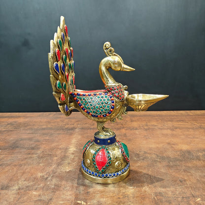 Brassaura® Brass Peacock Diya | Handcrafted Decorative Peacock Oil Lamp | Traditional Brass Deepak for Pooja, Festivals & Home Décor | 12 Inches | 3.6 Kg