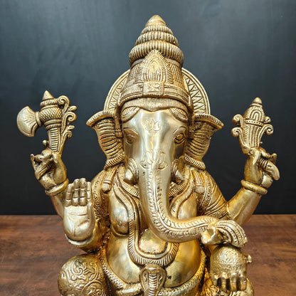 Brassaura® Brass Lord Ganesha Statue | Seated Ganpati Bappa Idol for Wisdom, Success & Prosperity | Premium Brass Sculpture for Home Temple & Spiritual Décor | 15 Inches | 13 Kg