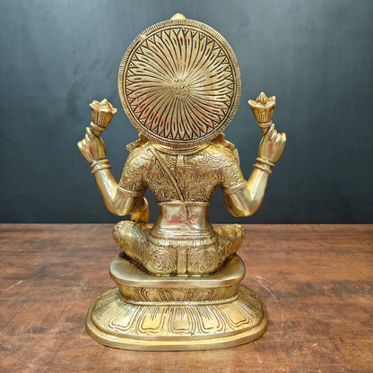 Brassaura® Brass Goddess Lakshmi Statue | Seated Maa Lakshmi Idol on Lotus Pedestal | Divine Brass Sculpture for Wealth, Prosperity & Home Temple Décor | 15 Inches | 13 Kg