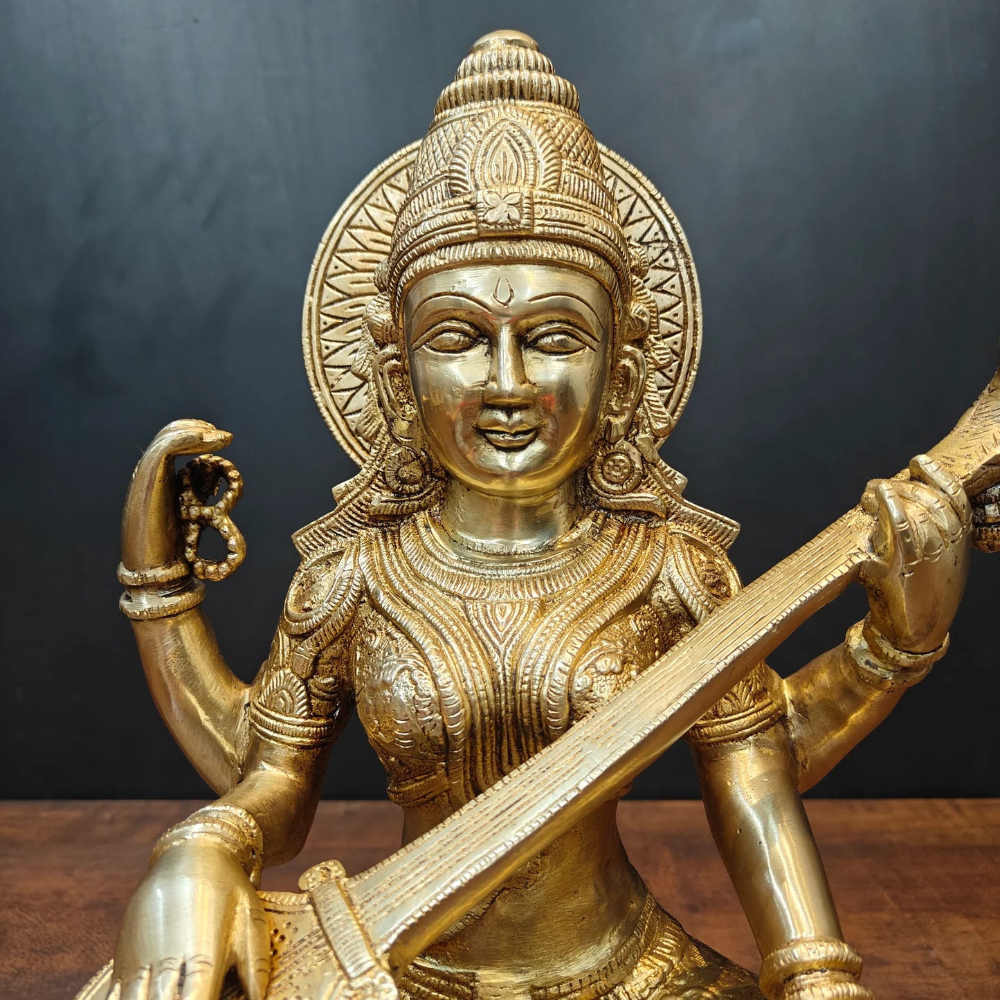 Brassaura® Brass Goddess Saraswati Statue | Seated Maa Saraswati Idol with Veena | Divine Brass Sculpture for Knowledge, Wisdom & Home Temple Décor | 15 Inches | 13 Kg