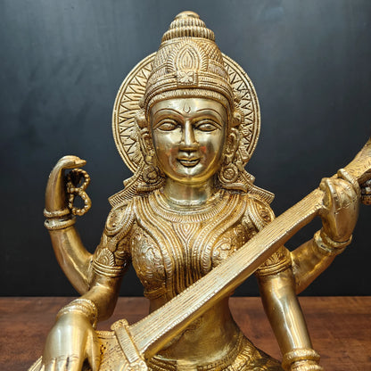 Brassaura® Brass Goddess Saraswati Statue | Seated Maa Saraswati Idol with Veena | Divine Brass Sculpture for Knowledge, Wisdom & Home Temple Décor | 15 Inches | 13 Kg