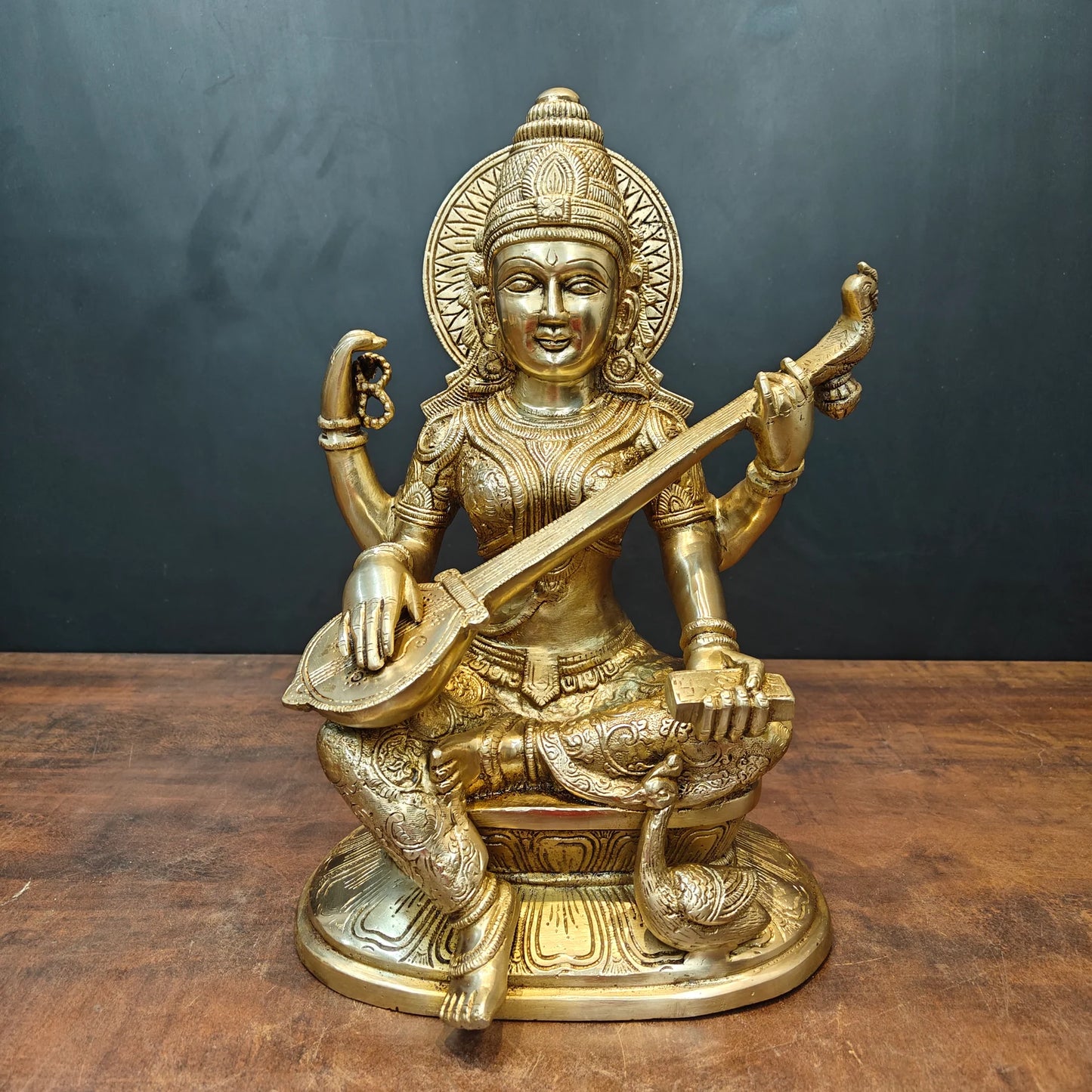 Brassaura® Brass Goddess Saraswati Statue | Seated Maa Saraswati Idol with Veena | Divine Brass Sculpture for Knowledge, Wisdom & Home Temple Décor | 15 Inches | 13 Kg