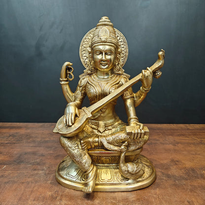 Brassaura® Brass Goddess Saraswati Statue | Seated Maa Saraswati Idol with Veena | Divine Brass Sculpture for Knowledge, Wisdom & Home Temple Décor | 15 Inches | 13 Kg