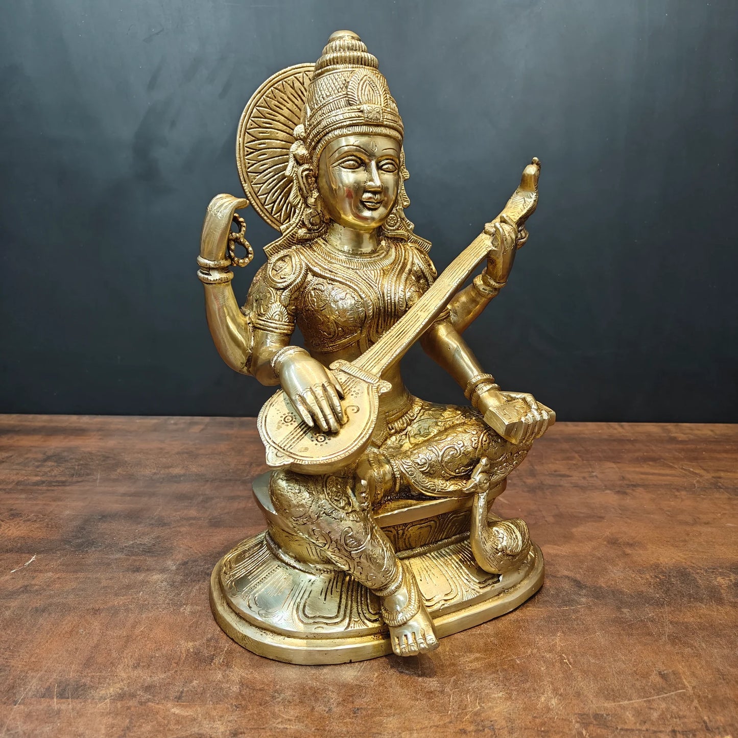 Brassaura® Brass Goddess Saraswati Statue | Seated Maa Saraswati Idol with Veena | Divine Brass Sculpture for Knowledge, Wisdom & Home Temple Décor | 15 Inches | 13 Kg