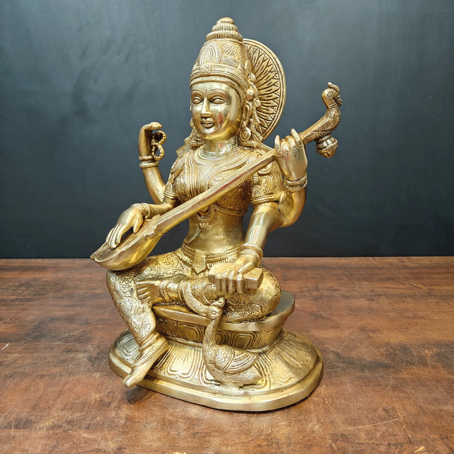 Brassaura® Brass Goddess Saraswati Statue | Seated Maa Saraswati Idol with Veena | Divine Brass Sculpture for Knowledge, Wisdom & Home Temple Décor | 15 Inches | 13 Kg