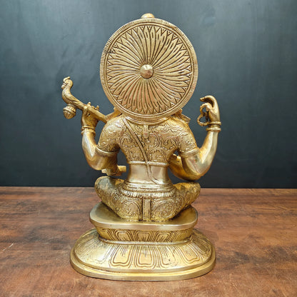 Brassaura® Brass Goddess Saraswati Statue | Seated Maa Saraswati Idol with Veena | Divine Brass Sculpture for Knowledge, Wisdom & Home Temple Décor | 15 Inches | 13 Kg