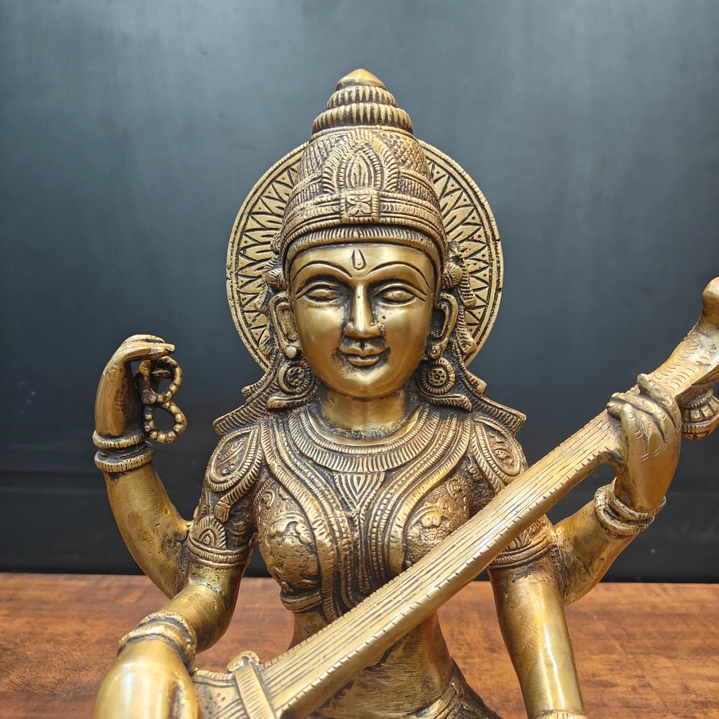 Brassaura® Brass Goddess Saraswati Statue | Handcrafted Premium Brass Saraswati Murti for Home Temple, Pooja & Spiritual Décor | Antique Brass Finish | 15 Inches | 13 Kg