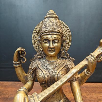 Brassaura® Brass Goddess Saraswati Statue | Handcrafted Premium Brass Saraswati Murti for Home Temple, Pooja & Spiritual Décor | Antique Brass Finish | 15 Inches | 13 Kg