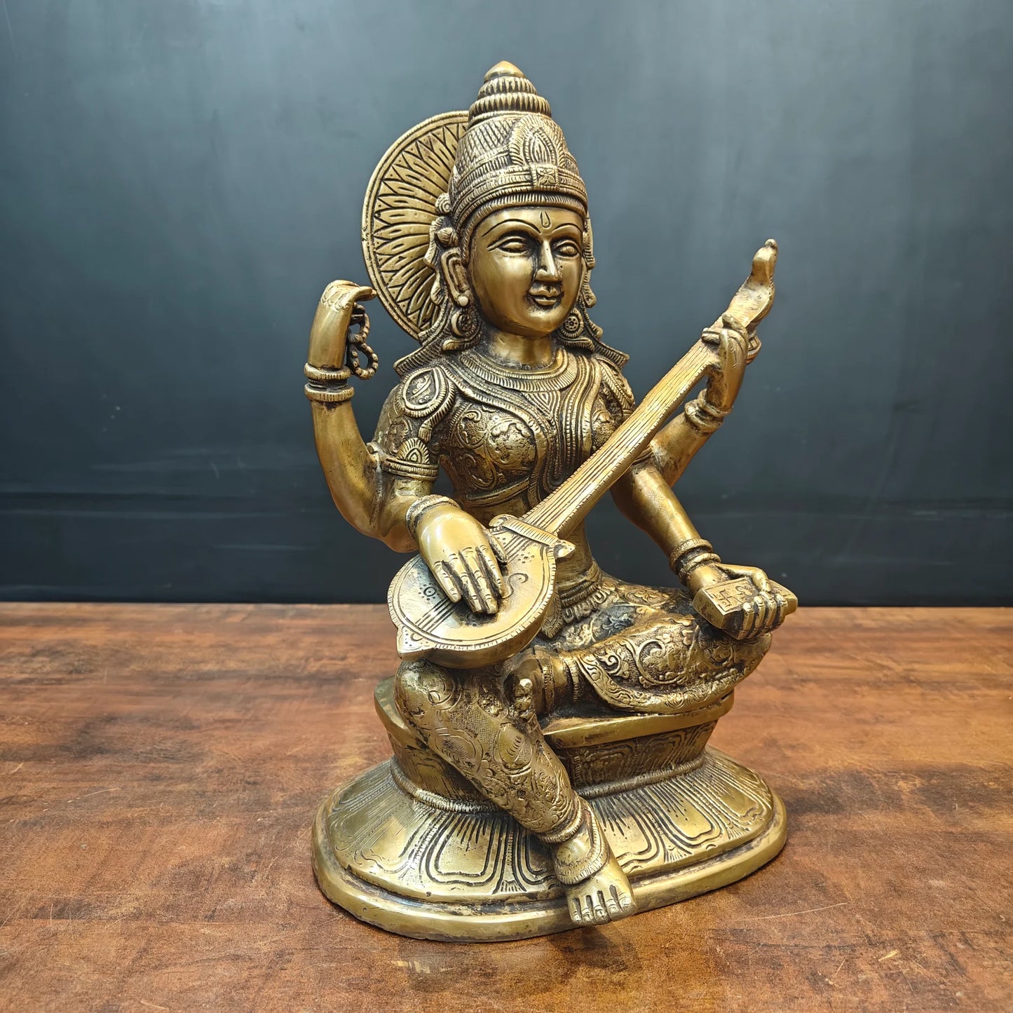 Brassaura® Brass Goddess Saraswati Statue | Handcrafted Premium Brass Saraswati Murti for Home Temple, Pooja & Spiritual Décor | Antique Brass Finish | 15 Inches | 13 Kg