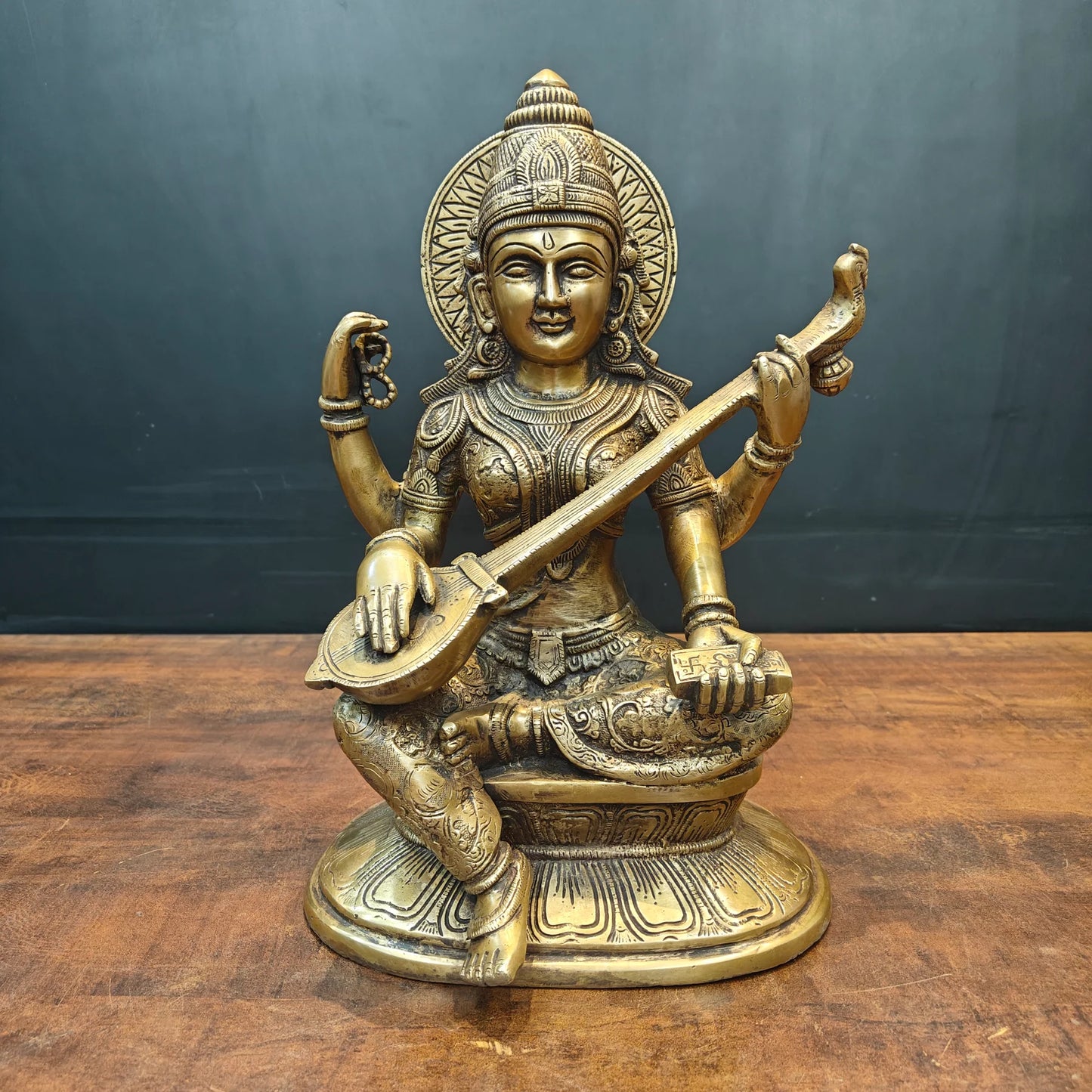 Brassaura® Brass Goddess Saraswati Statue | Handcrafted Premium Brass Saraswati Murti for Home Temple, Pooja & Spiritual Décor | Antique Brass Finish | 15 Inches | 13 Kg