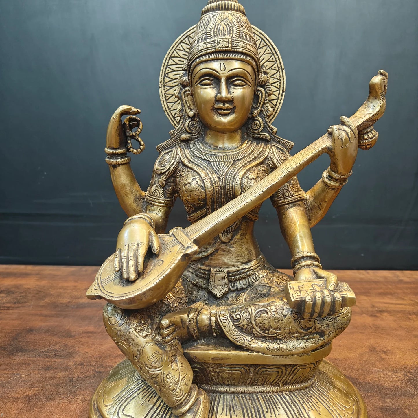 Brassaura® Brass Goddess Saraswati Statue | Handcrafted Premium Brass Saraswati Murti for Home Temple, Pooja & Spiritual Décor | Antique Brass Finish | 15 Inches | 13 Kg