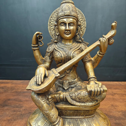 Brassaura® Brass Goddess Saraswati Statue | Handcrafted Premium Brass Saraswati Murti for Home Temple, Pooja & Spiritual Décor | Antique Brass Finish | 15 Inches | 13 Kg