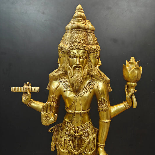 Brassaura® Brass Lord Brahma Statue | Handcrafted Premium Brass Brahma Murti for Home Temple, Pooja & Spiritual Décor | Antique Brass Finish | 39 Inches | 29 Kg