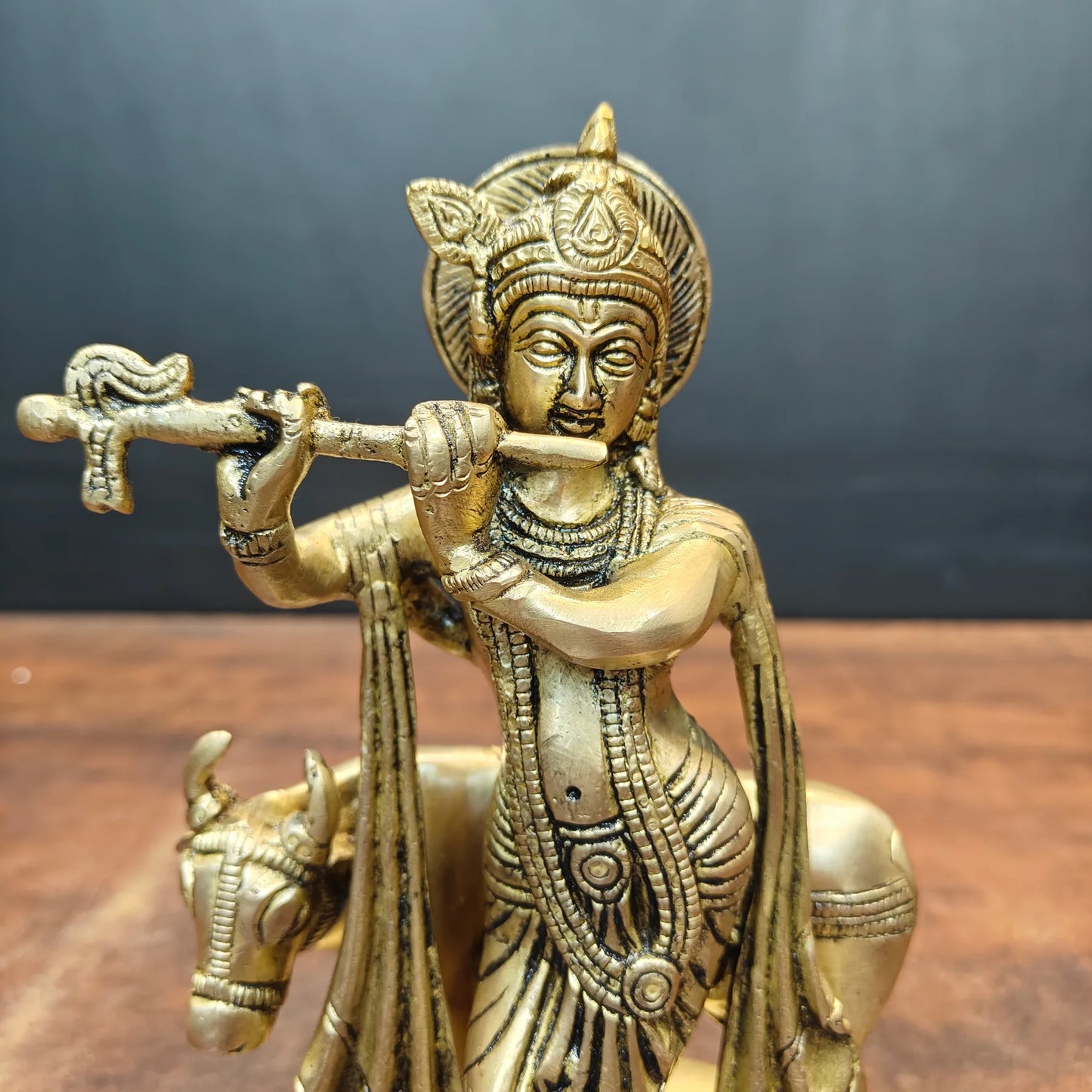 Brassaura® Brass Lord Krishna with Cow Statue | Handcrafted Premium Brass Krishna Cow Murti for Home Temple, Pooja & Spiritual Décor | Antique Brass Finish | 8.5 Inches | 2.6 Kg