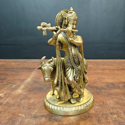 Brassaura® Brass Lord Krishna with Cow Statue | Handcrafted Premium Brass Krishna Cow Murti for Home Temple, Pooja & Spiritual Décor | Antique Brass Finish | 8.5 Inches | 2.6 Kg