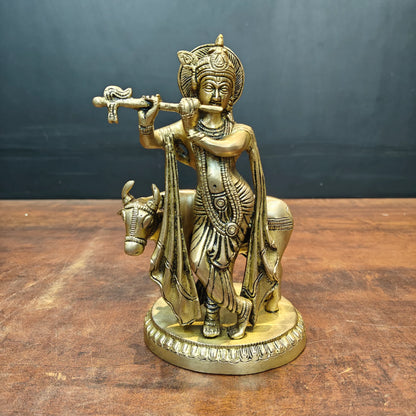 Brassaura® Brass Lord Krishna with Cow Statue | Handcrafted Premium Brass Krishna Cow Murti for Home Temple, Pooja & Spiritual Décor | Antique Brass Finish | 8.5 Inches | 2.6 Kg