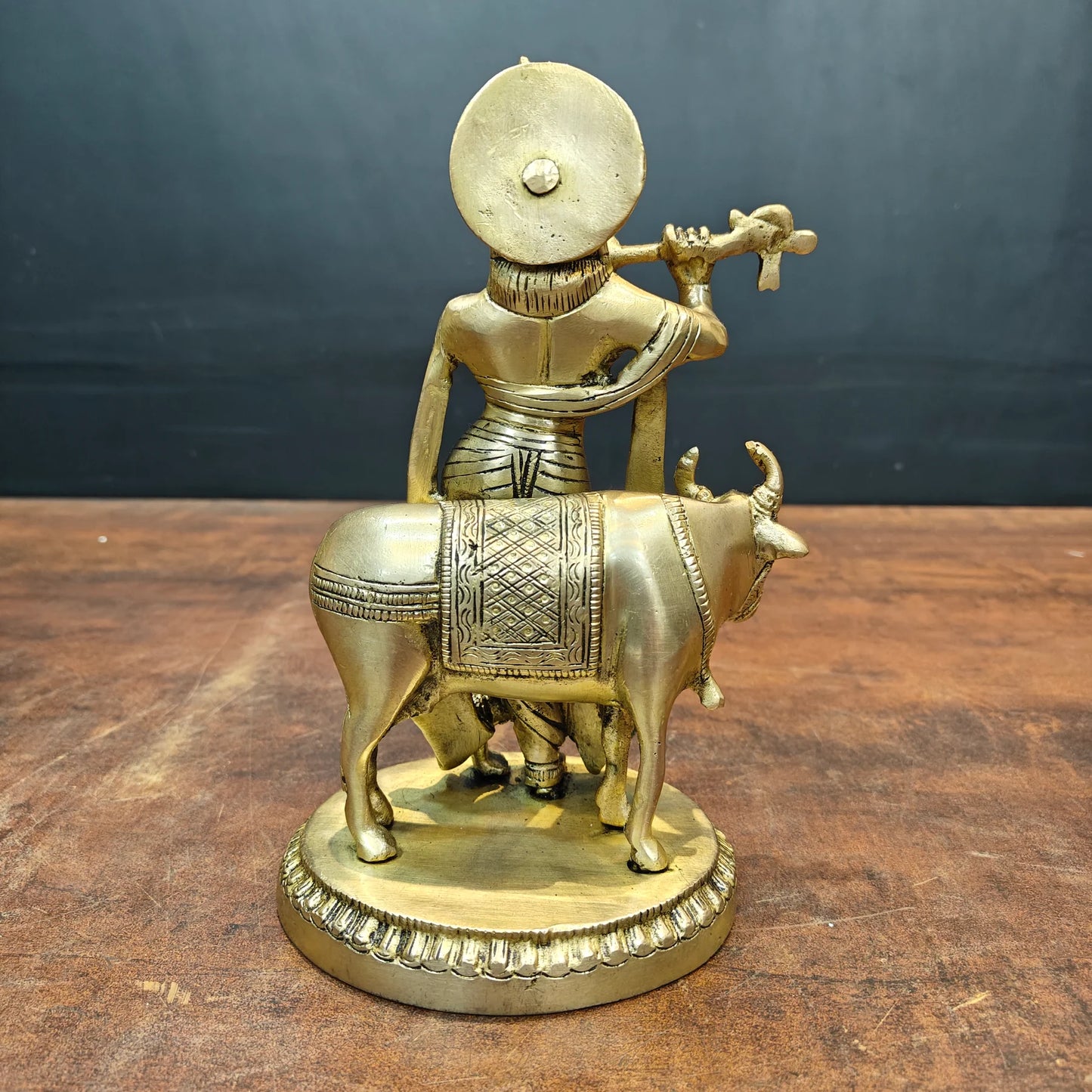Brassaura® Brass Lord Krishna with Cow Statue | Handcrafted Premium Brass Krishna Cow Murti for Home Temple, Pooja & Spiritual Décor | Antique Brass Finish | 8.5 Inches | 2.6 Kg