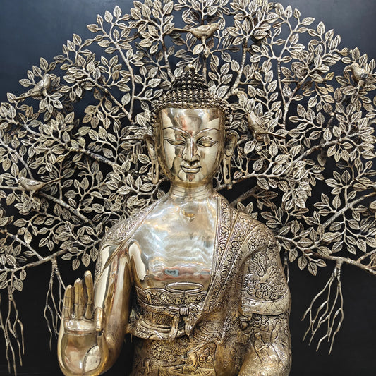Brassaura® Brass Meditating Buddha with Bodhi Tree Statue | Handcrafted Premium Brass Buddha Murti for Home Temple, Meditation & Spiritual Décor | Antique Brass Finish | 41 Inches (with Tree) | 68 Kg