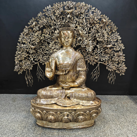 Brassaura® Brass Meditating Buddha with Bodhi Tree Statue | Handcrafted Premium Brass Buddha Murti for Home Temple, Meditation & Spiritual Décor | Antique Brass Finish | 41 Inches (with Tree) | 68 Kg
