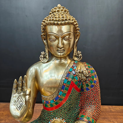 Brassaura® Brass Meditating Buddha Statue | Handcrafted Premium Brass Buddha Murti for Home Temple, Meditation & Spiritual Décor | Multicolor Stonework Finish | 20 Inches | 17 Kg