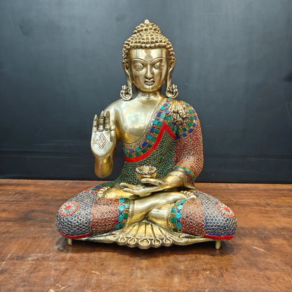 Brassaura® Brass Meditating Buddha Statue | Handcrafted Premium Brass Buddha Murti for Home Temple, Meditation & Spiritual Décor | Multicolor Stonework Finish | 20 Inches | 17 Kg