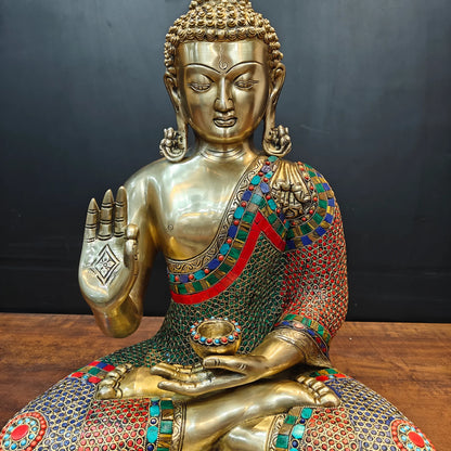 Brassaura® Brass Meditating Buddha Statue | Handcrafted Premium Brass Buddha Murti for Home Temple, Meditation & Spiritual Décor | Multicolor Stonework Finish | 20 Inches | 17 Kg