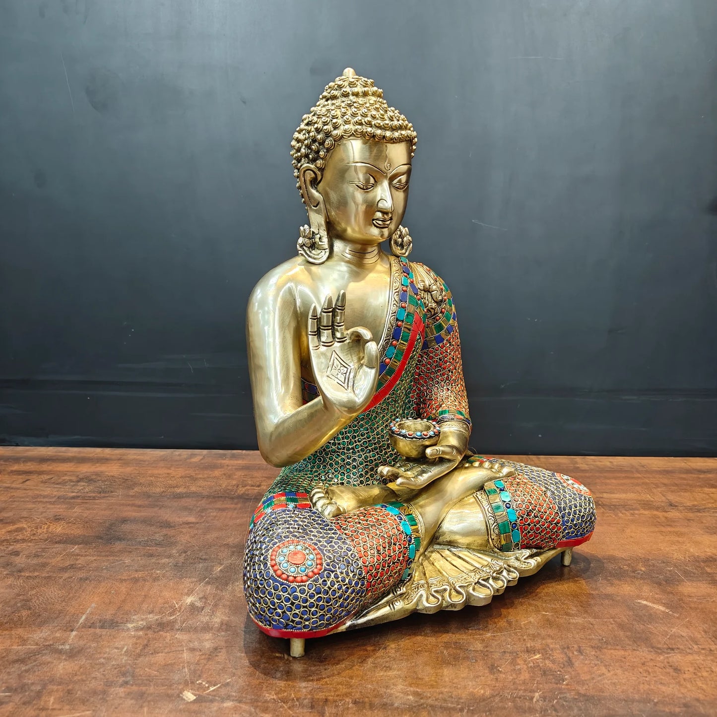 Brassaura® Brass Meditating Buddha Statue | Handcrafted Premium Brass Buddha Murti for Home Temple, Meditation & Spiritual Décor | Multicolor Stonework Finish | 20 Inches | 17 Kg