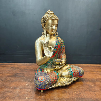 Brassaura® Brass Meditating Buddha Statue | Handcrafted Premium Brass Buddha Murti for Home Temple, Meditation & Spiritual Décor | Multicolor Stonework Finish | 20 Inches | 17 Kg