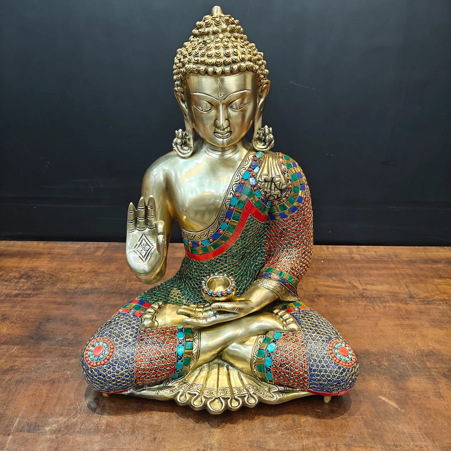 Brassaura® Brass Meditating Buddha Statue | Handcrafted Premium Brass Buddha Murti for Home Temple, Meditation & Spiritual Décor | Multicolor Stonework Finish | 20 Inches | 17 Kg