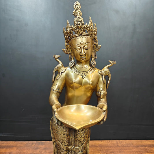 Brassaura® Premium Brass Standing Lady Urli Statue | Handcrafted Decorative Urli Bowl Sculpture for Home Décor, Entrance & Temple | Antique Brass Finish | 30 Inches | 10.5 Kg