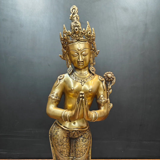 Brassaura® Premium Brass Standing Namaste Lady Statue | Handcrafted Traditional Welcome Sculpture for Home Décor, Entrance & Temple | Antique Brass Finish | 30 Inches | 10 Kg