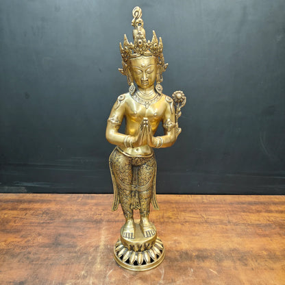 ब्रासोरा® वृंदावन वेणुगोपाल कृष्ण पीतल की प्रतिमा मोर के साथ | एंटीक नीला और सुनहरा रंग | ऊँचाई 20 इंच