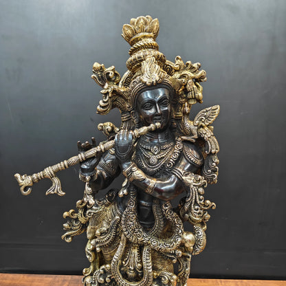 Brassaura® Brass Lord Krishna Playing Flute Idol | Handcrafted Standing Krishna Murti for Home Temple, Living Room & Office Décor | Antique Dual Tone Finish | Premium Brass Statue | 29 Inches | 16 Kg
