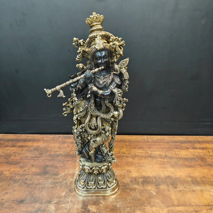 Brassaura® Brass Lord Krishna Playing Flute Idol | Handcrafted Standing Krishna Murti for Home Temple, Living Room & Office Décor | Antique Dual Tone Finish | Premium Brass Statue | 29 Inches | 16 Kg