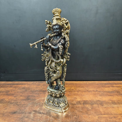Brassaura® Brass Lord Krishna Playing Flute Idol | Handcrafted Standing Krishna Murti for Home Temple, Living Room & Office Décor | Antique Dual Tone Finish | Premium Brass Statue | 29 Inches | 16 Kg