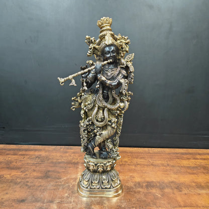 Brassaura® Brass Lord Krishna Playing Flute Idol | Handcrafted Standing Krishna Murti for Home Temple, Living Room & Office Décor | Antique Dual Tone Finish | Premium Brass Statue | 29 Inches | 16 Kg