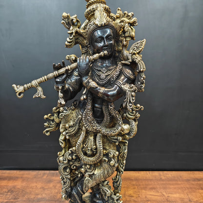 Brassaura® Brass Lord Krishna Playing Flute Idol | Handcrafted Standing Krishna Murti for Home Temple, Living Room & Office Décor | Antique Dual Tone Finish | Premium Brass Statue | 29 Inches | 16 Kg
