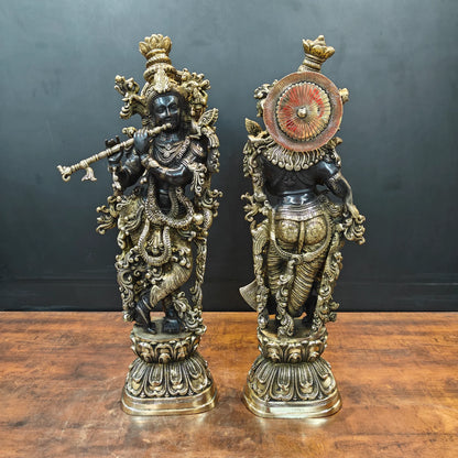 Brassaura® Brass Radha Krishna Idol Set | Handcrafted Standing Radha Krishna Murti for Home Temple, Living Room & Office Décor | Antique Dual Tone Finish | Premium Brass Statue Set | 29 Inches | 32 Kg